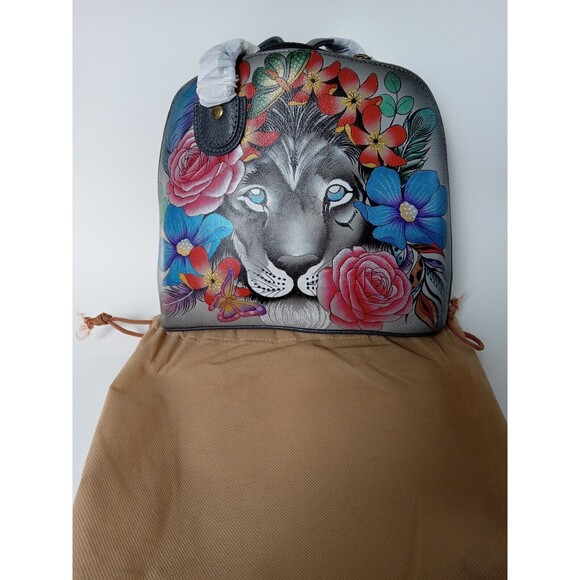 NWT Anna by Anuschka Hand-Painted Leather Lion In Flowers Domed Crossbody Bag - Picture 6 of 16
